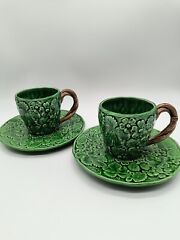 Vintage 'The Haldon Group' Porcelain Green Strawberry Majolica 2 Cups/Saucers